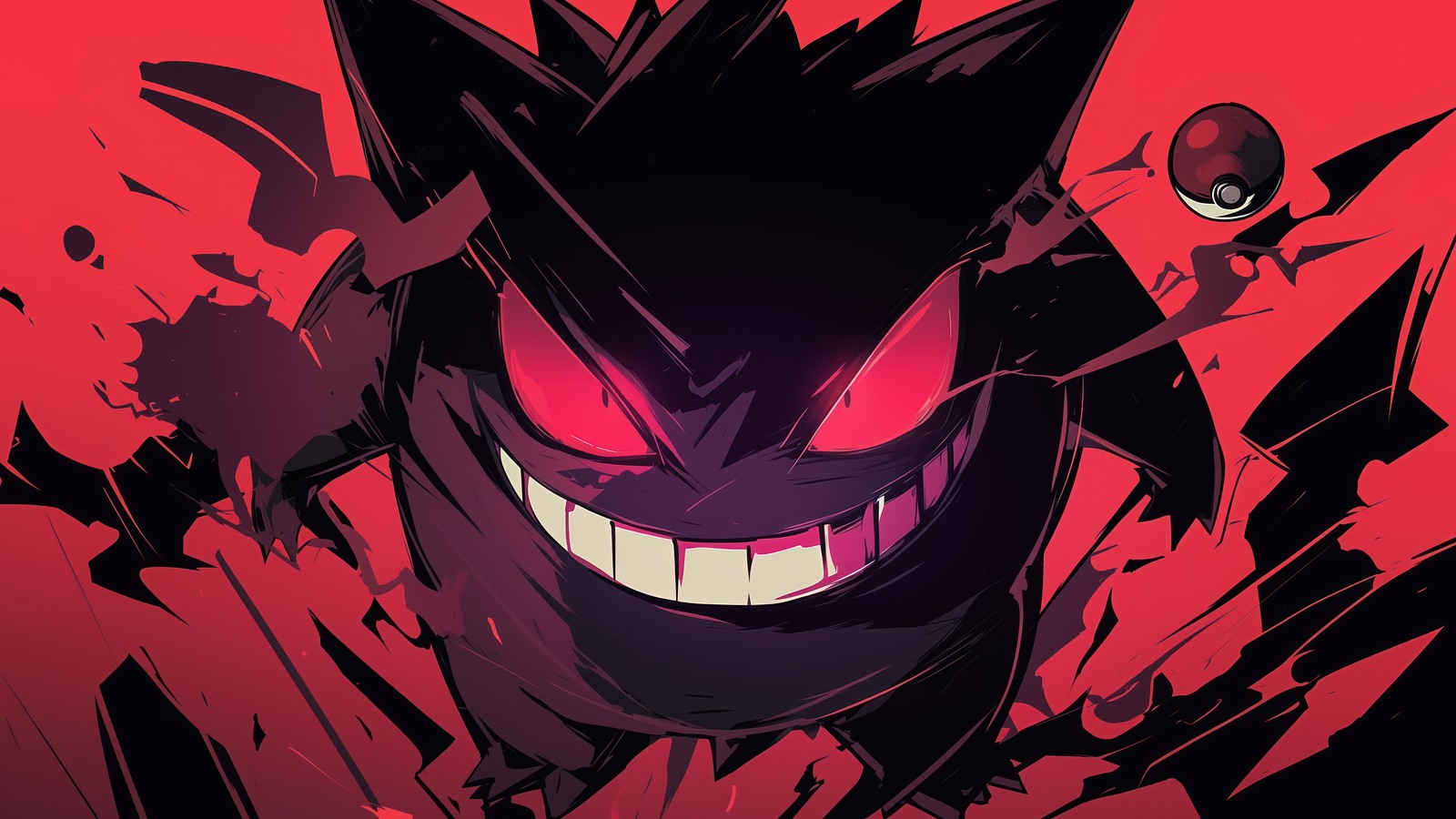 Una imagen de dibujos animados de un personaje de pokémon negro y rojo con ojos rojos (gengar, pokemon, anime)