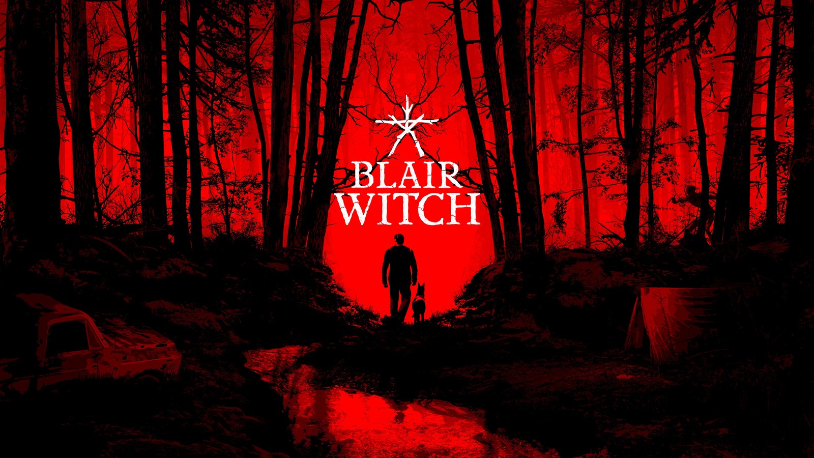 Un cartel de la bruja de blair (rojo, oscuridad, árbol, ilustración, ficción)