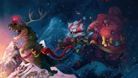 Santa Claus Riding a T-Rex Sleigh in a Festive Holiday Landscape