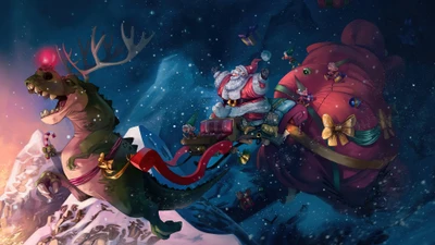 Santa Claus montando un trineo de T-Rex en un paisaje festivo