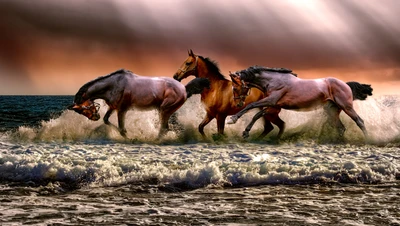 Wild Horses Galloping Through Waves at Sunset