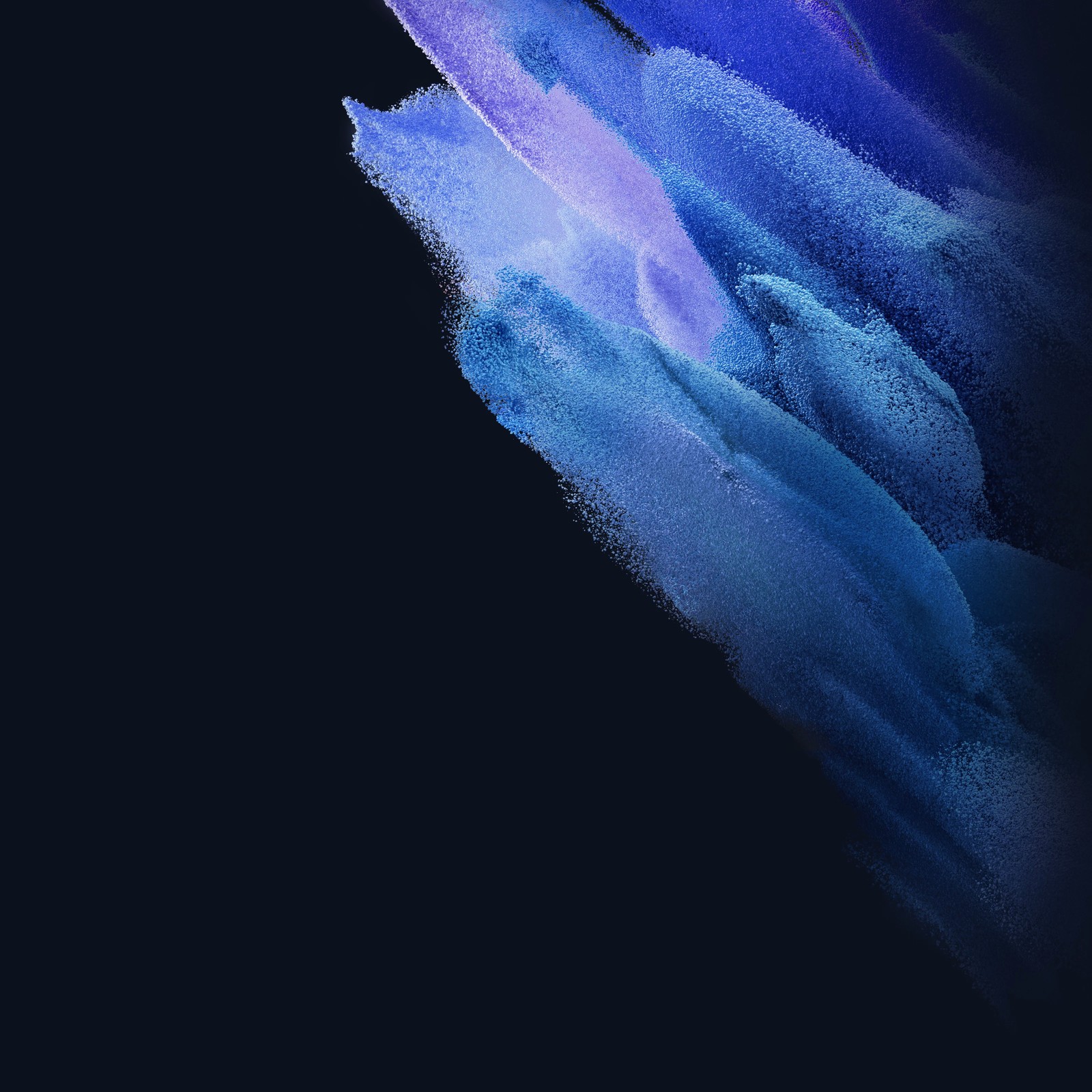 A close up of a blue and purple paint brush on a black background (samsung galaxy s21, blue, stock, amoled, particles)