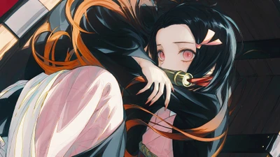 Nezuko Kamado de Demon Slayer: Kimetsu no Yaiba en una pose dinámica, mostrando su cabello vibrante y sus ojos expresivos.