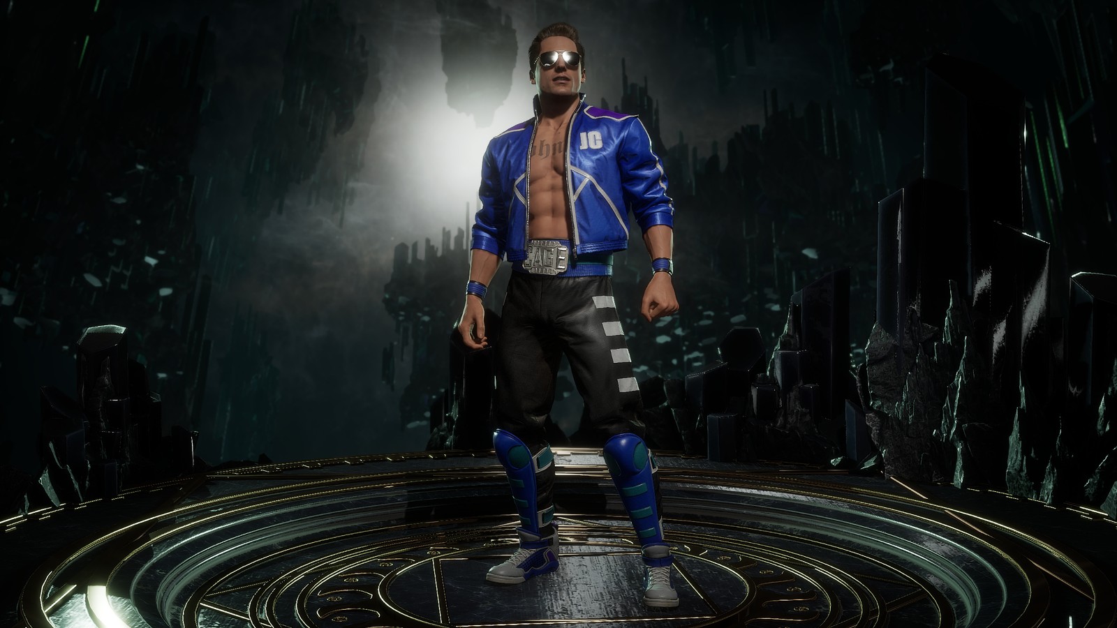 Крупный план человека, стоящего на круглом основании (джонни кейдж, johnny cage, mortal kombat 11, видеоигра)