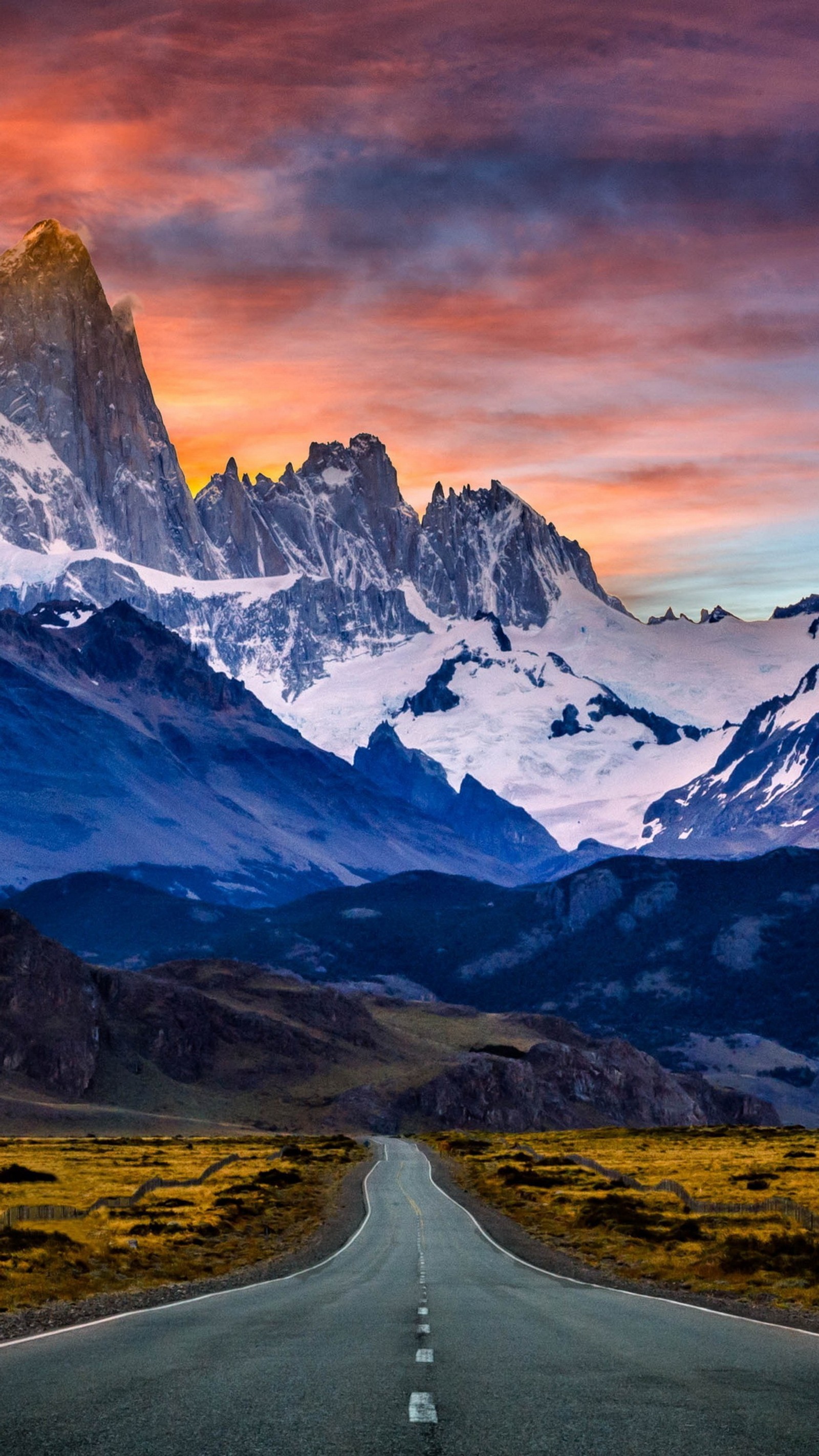 Mountains and a road with a long line of snow on the side (fitz roy, mountain, landscape, cloud, ecoregion)