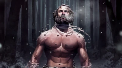 Wolverine stands defiantly in a snowy forest, showcasing his muscular physique, surrounded by an atmosphere of resilience and strength.