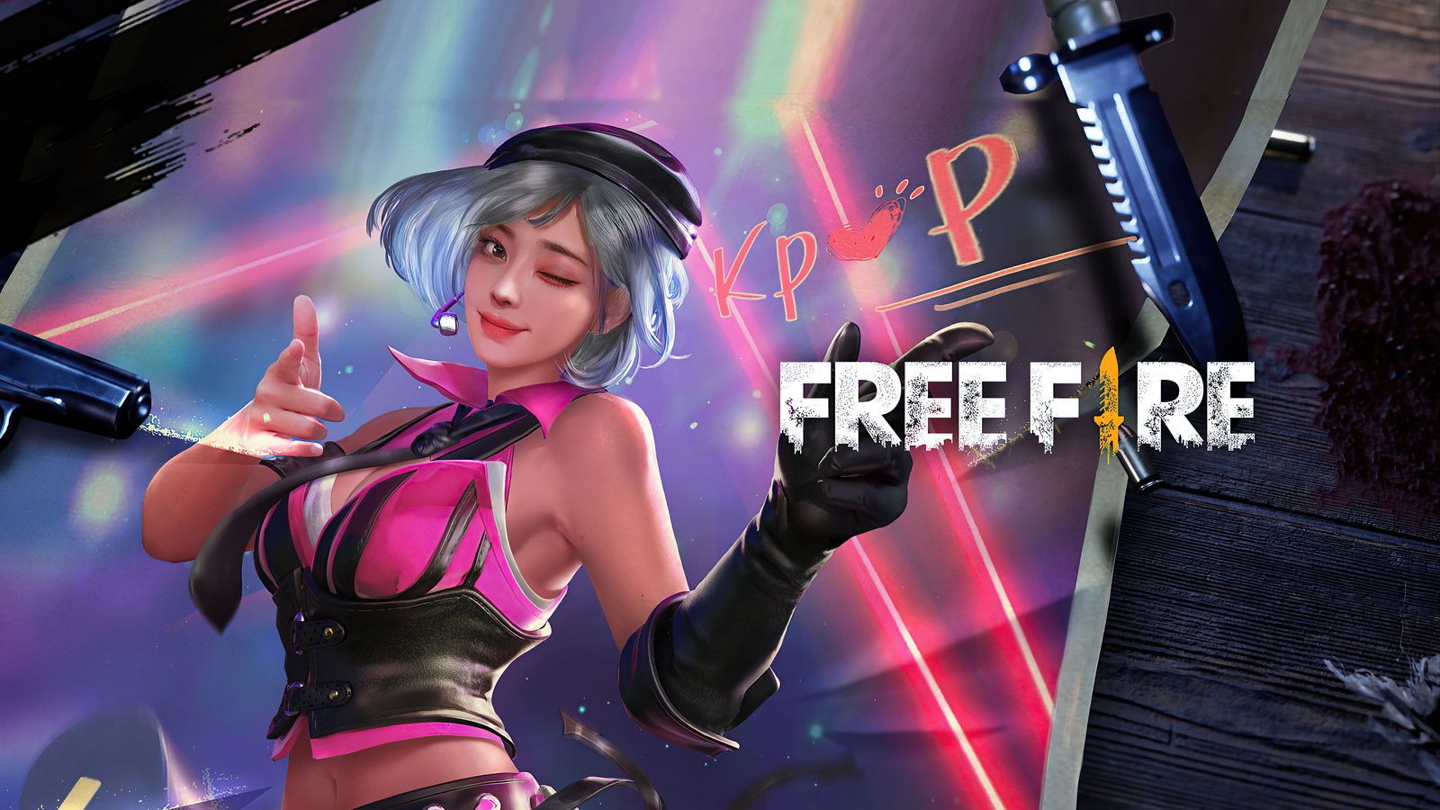 Женщина в розовом наряде с оружием, указывающая на камеру (garena free fire, battle royale, видеоигра, девочки, капелла)