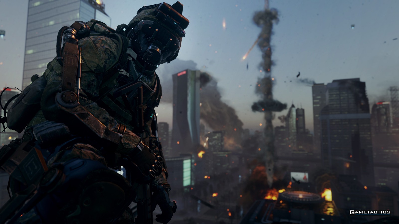 A man in a gas mask standing in front of a city (call of duty advanced warfare, call of duty 4 modern warfare, call of duty modern warfare 3, sledgehammer games, multiplayer video game)