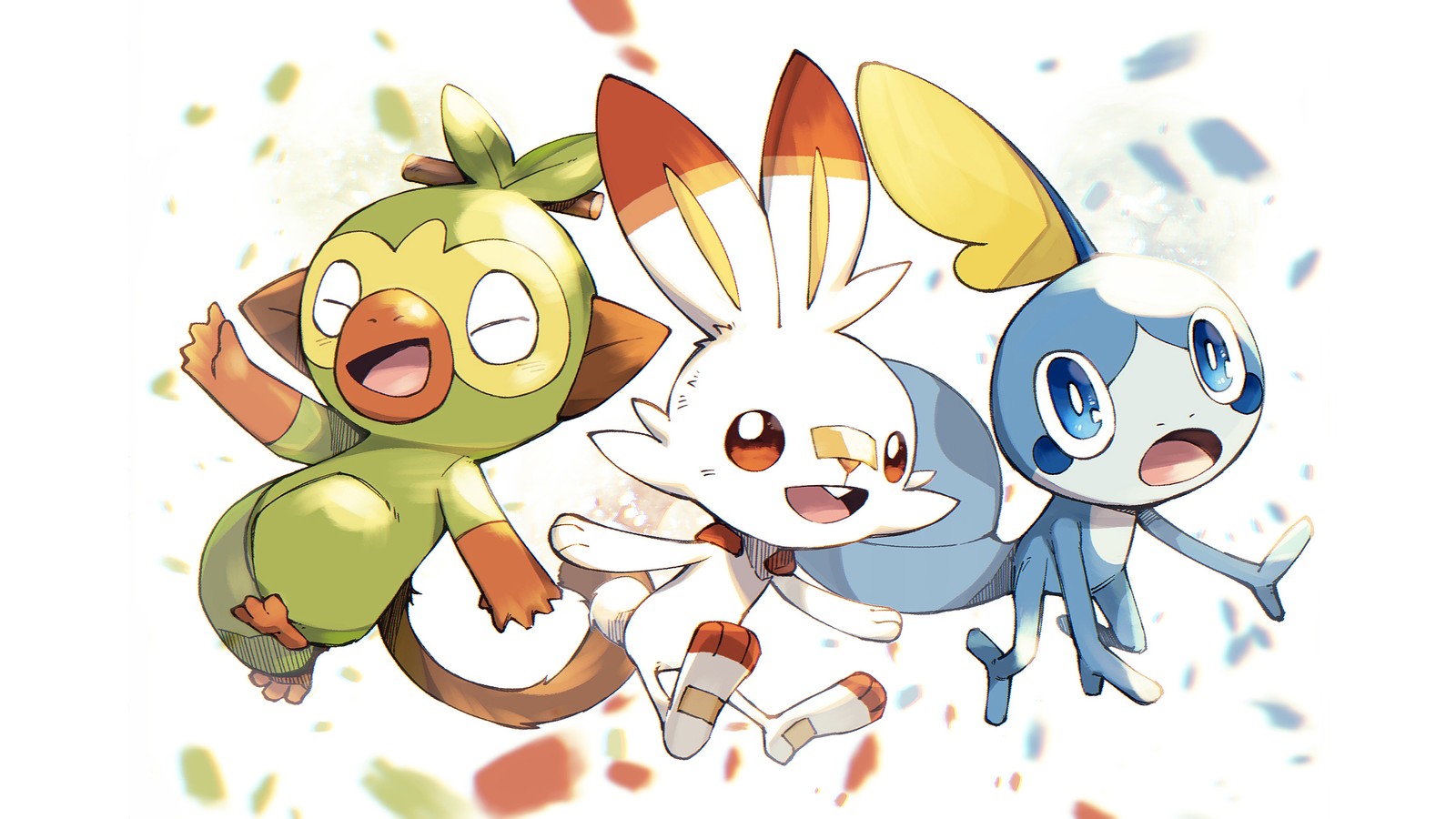 Les personnages pokémon courent en groupe (grookey, scorbunny, sobble, pokémon épée et bouclier, pokemon sword and shield)