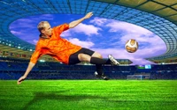 Dynamic soccer player executing a spectacular kick in the Montreal Olympic Stadium, surrounded by vibrant grass and a dramatic sky.