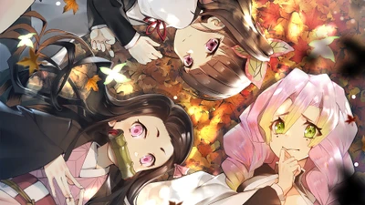 Nezuko, Kanao et Mitsuri parmi les feuilles d'automne : Un moment serein de Demon Slayer