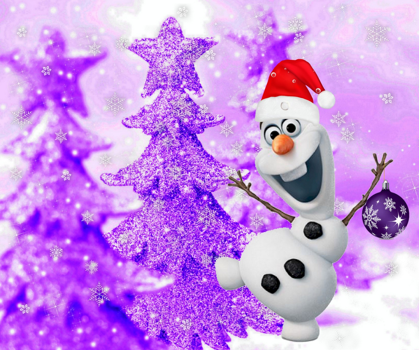 A close up of a snowman with a christmas tree in the background (frozen, merry christmas, purple tree, snowman olaf, xmas)