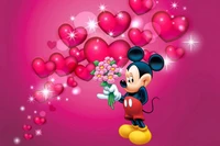 Mickey Mouse mit Blumen umgeben von rosa Herzen zum Valentinstag