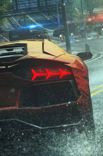 Luces traseras de Lamborghini empapadas de lluvia en acción