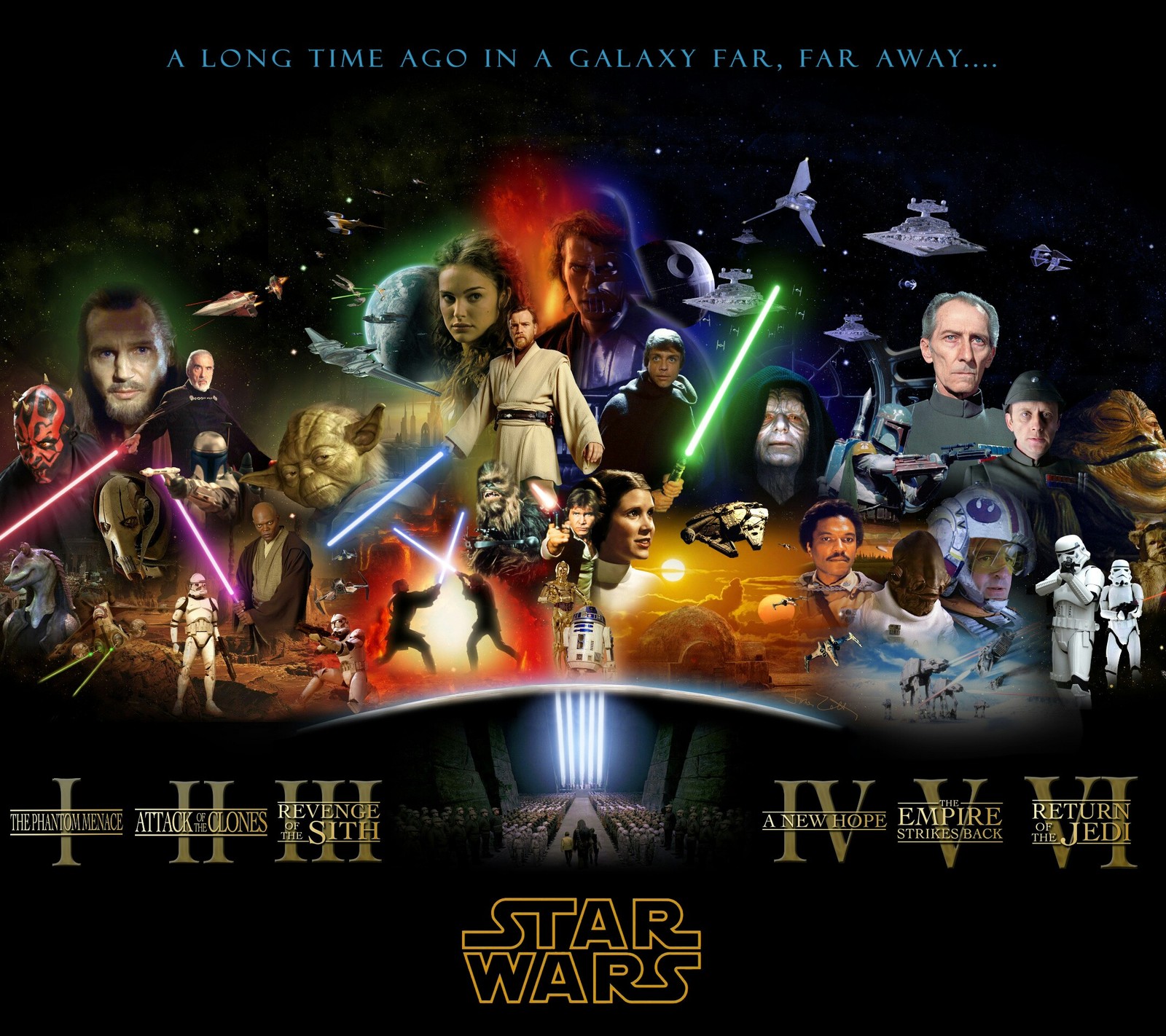 Ein filmplakat mit vielen verschiedenen charakteren (enpire, jedi, stern, vader, kriege)