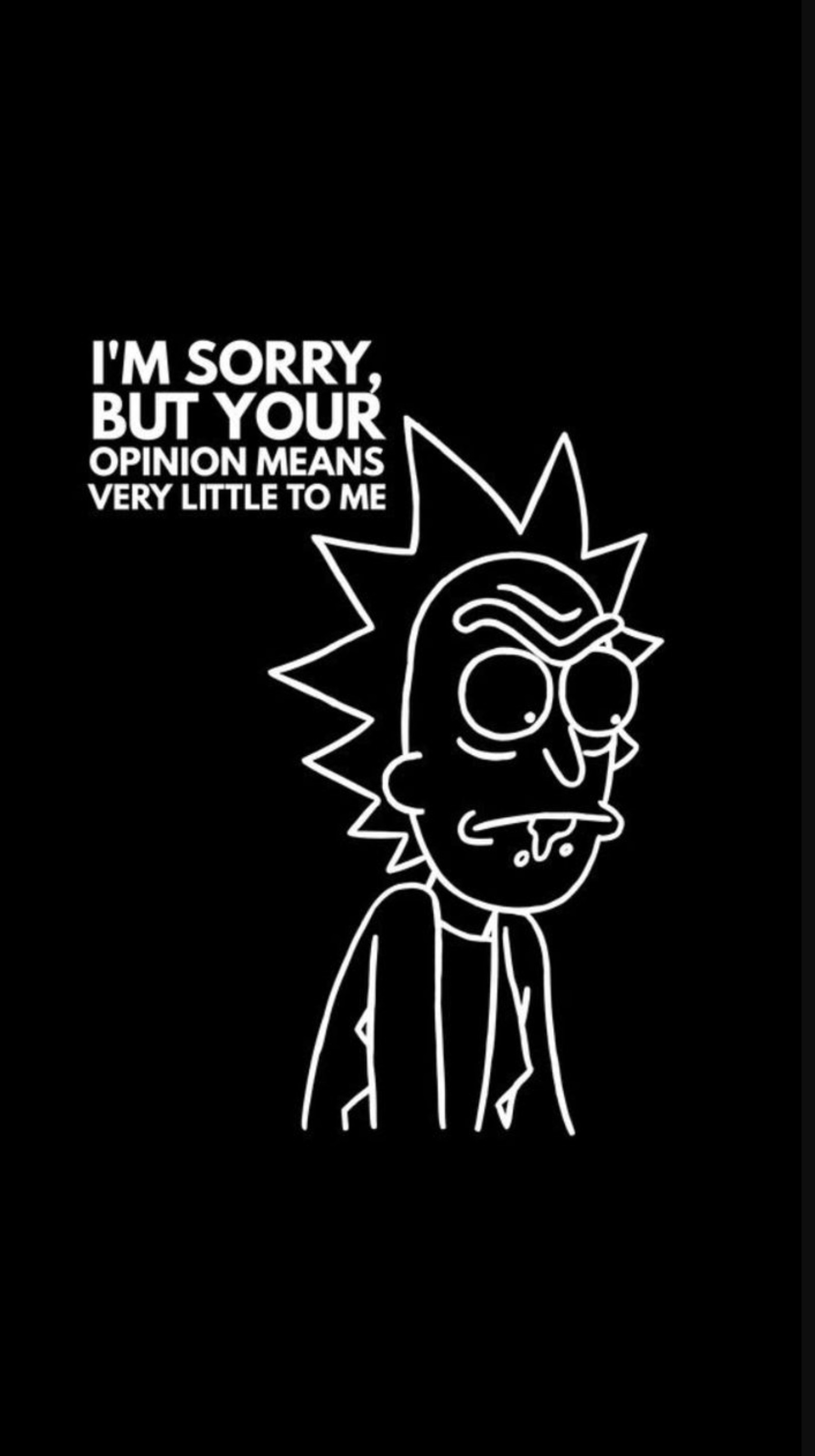 A black and white photo of a cartoon character with a quote (morty, rick)