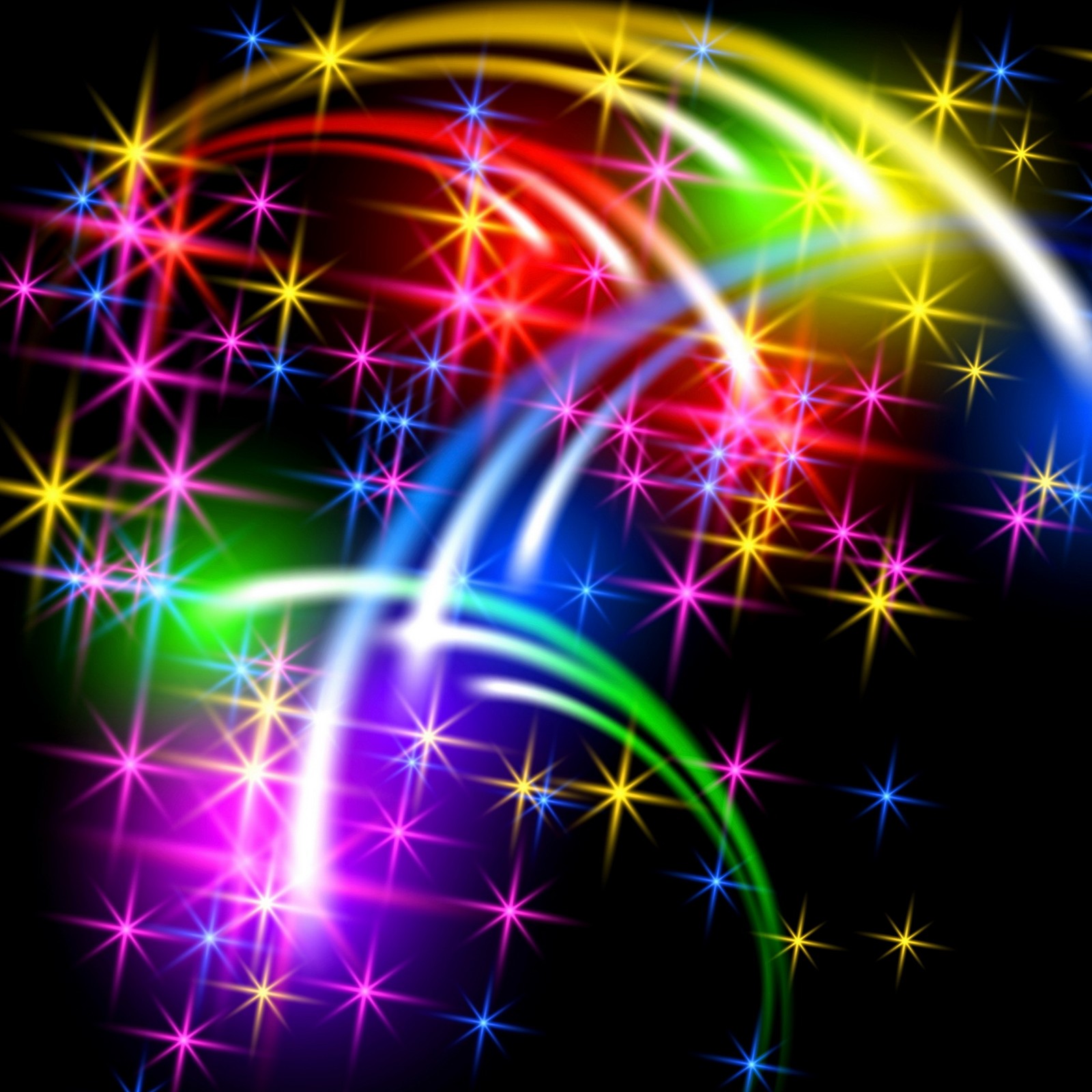 A close up of a colorful star burst with a black background (abstract, colorful, neon, shine, sparkle)