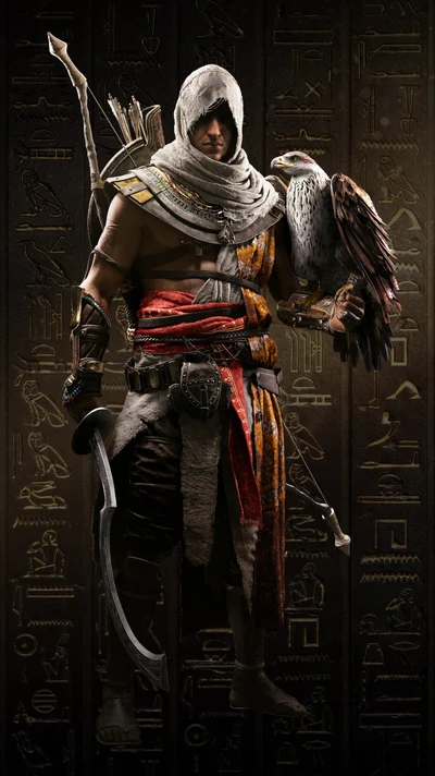 Assassin with a Falcon Against Ancient Egyptian Hieroglyphs