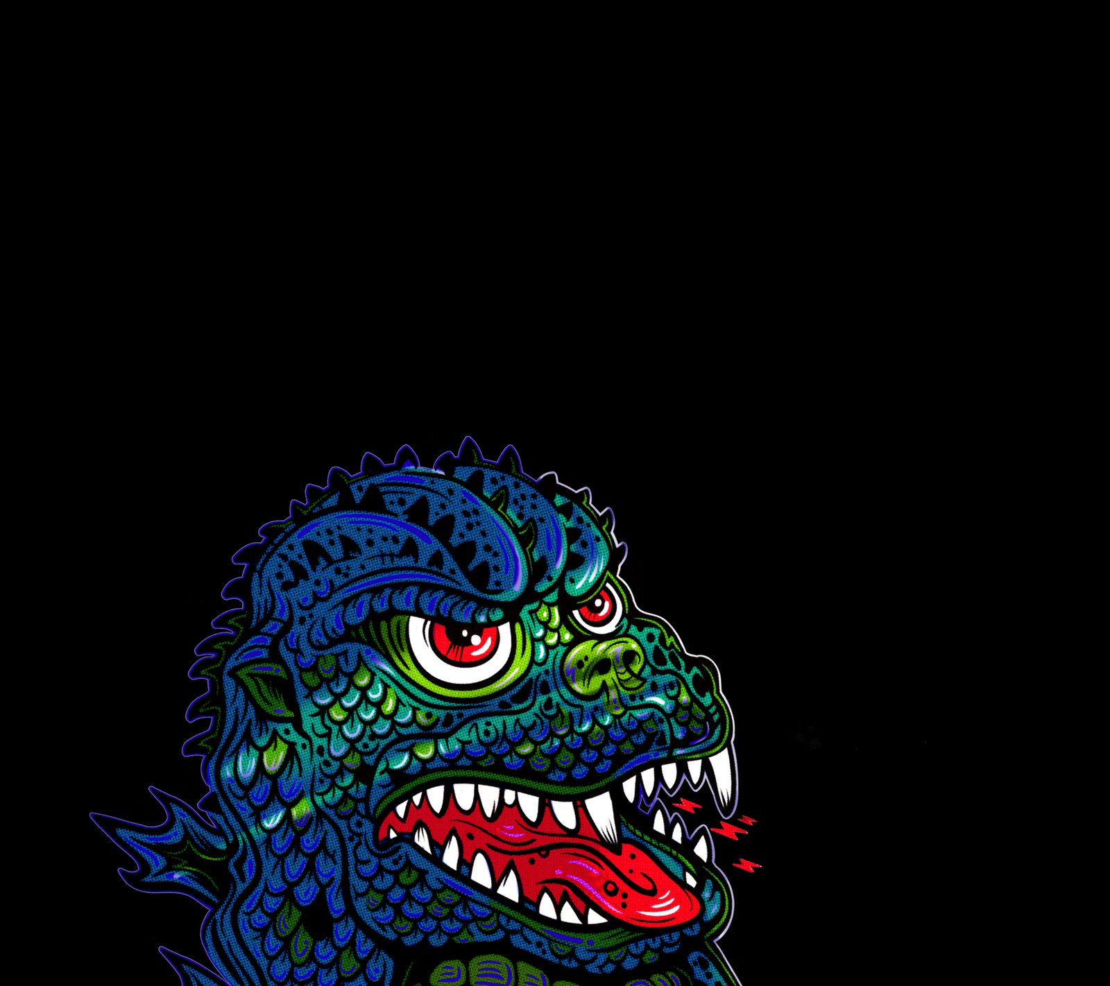 Um close-up de um godzilla de desenho animado com um fundo preto (lacko, ilustração, trippy, legal, arte)