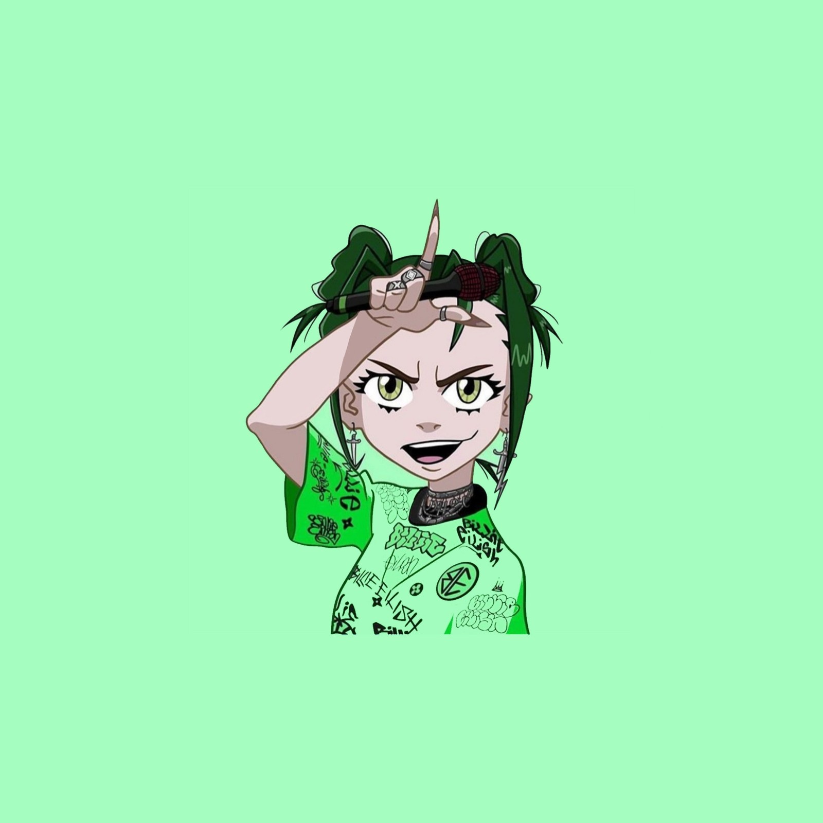 A cartoon girl with a green hair and a green dress (anime, billie eilish, cartoon, cool, dope)