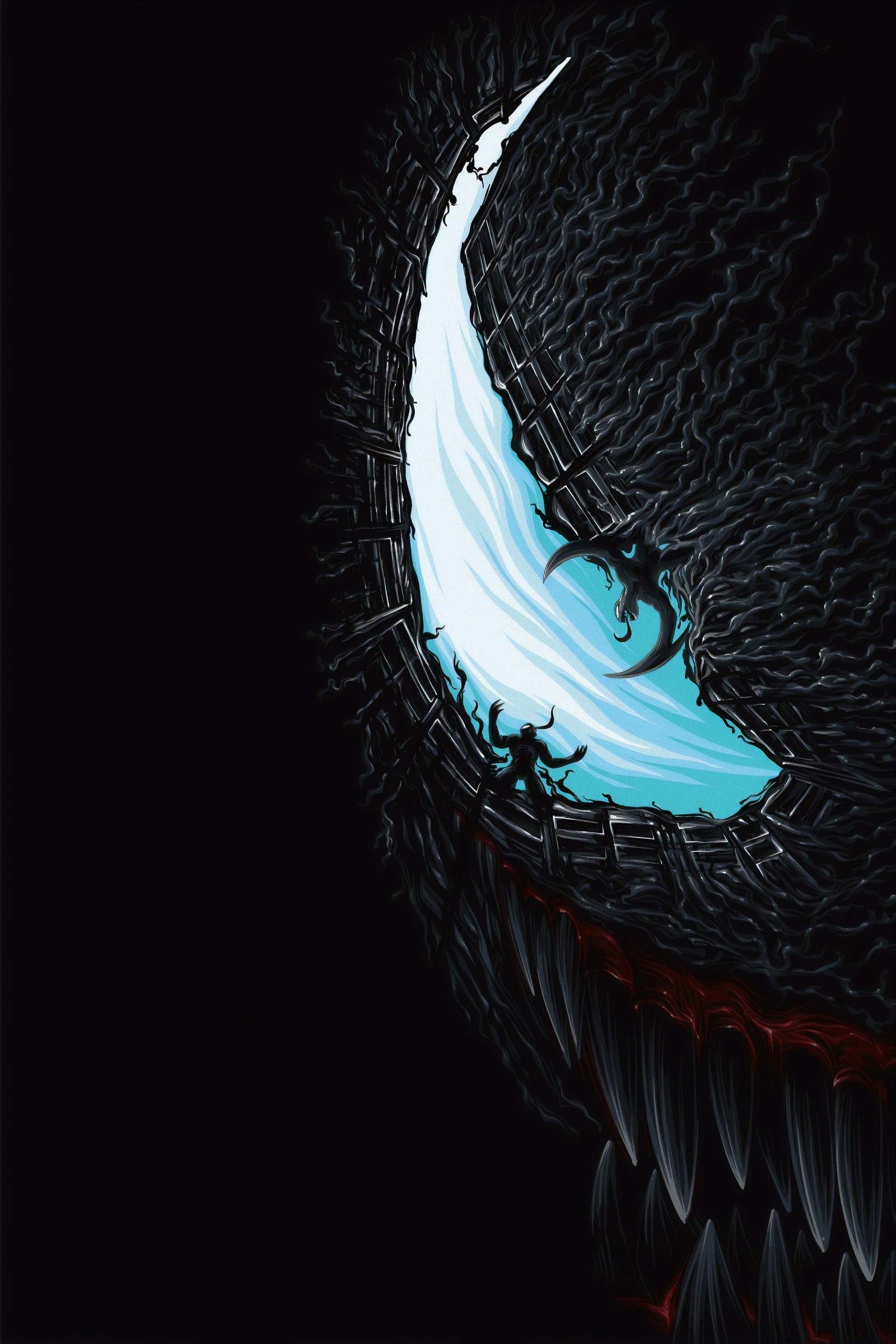 Venom es una criatura muy oscura y de aspecto maligno con un ojo azul (película, hd, spider man, marvel)