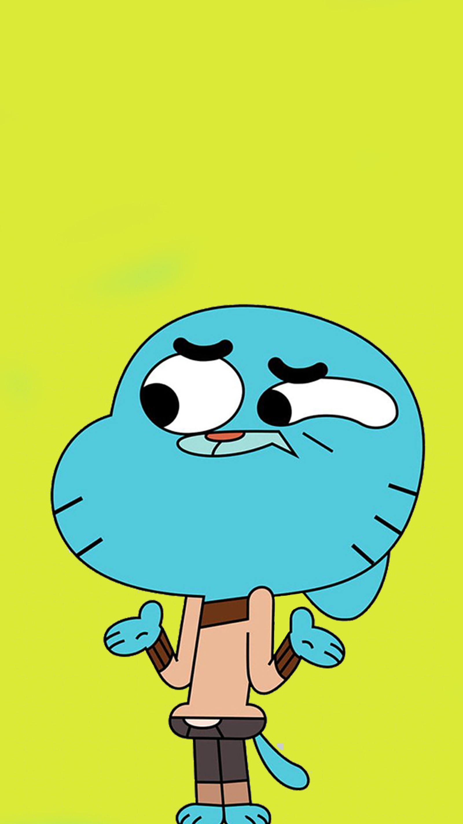 Un personaje de dibujos animados con cara azul y camisa marrón (anime, cizgi film, gumball)