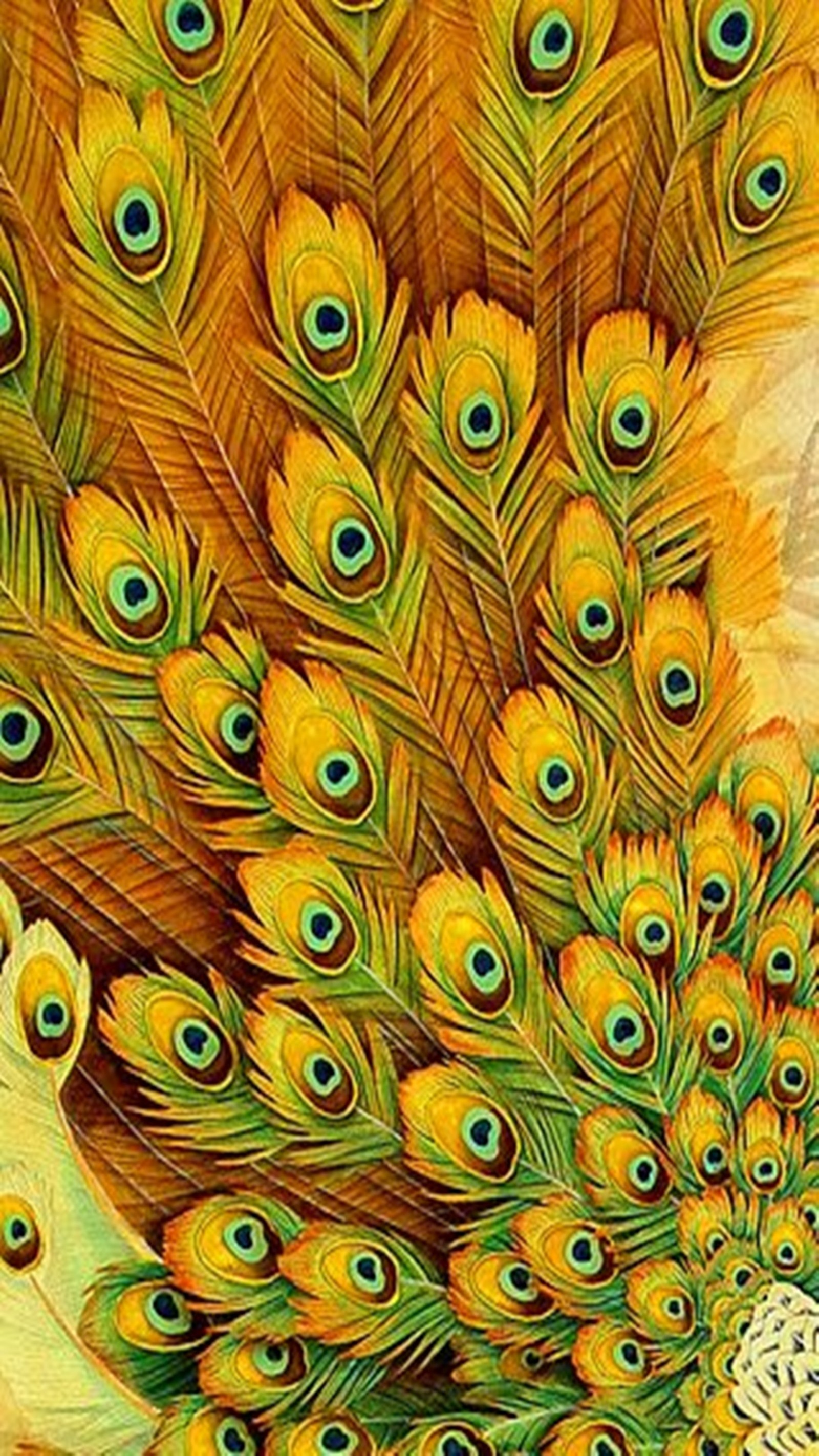 Peacocks are colorfully displaying their feathers in a painting (feathers, peacock)