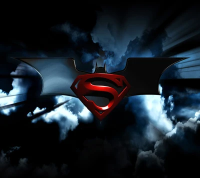 Fusion iconique des logos Batman-Superman sur un fond nuageux dramatique.