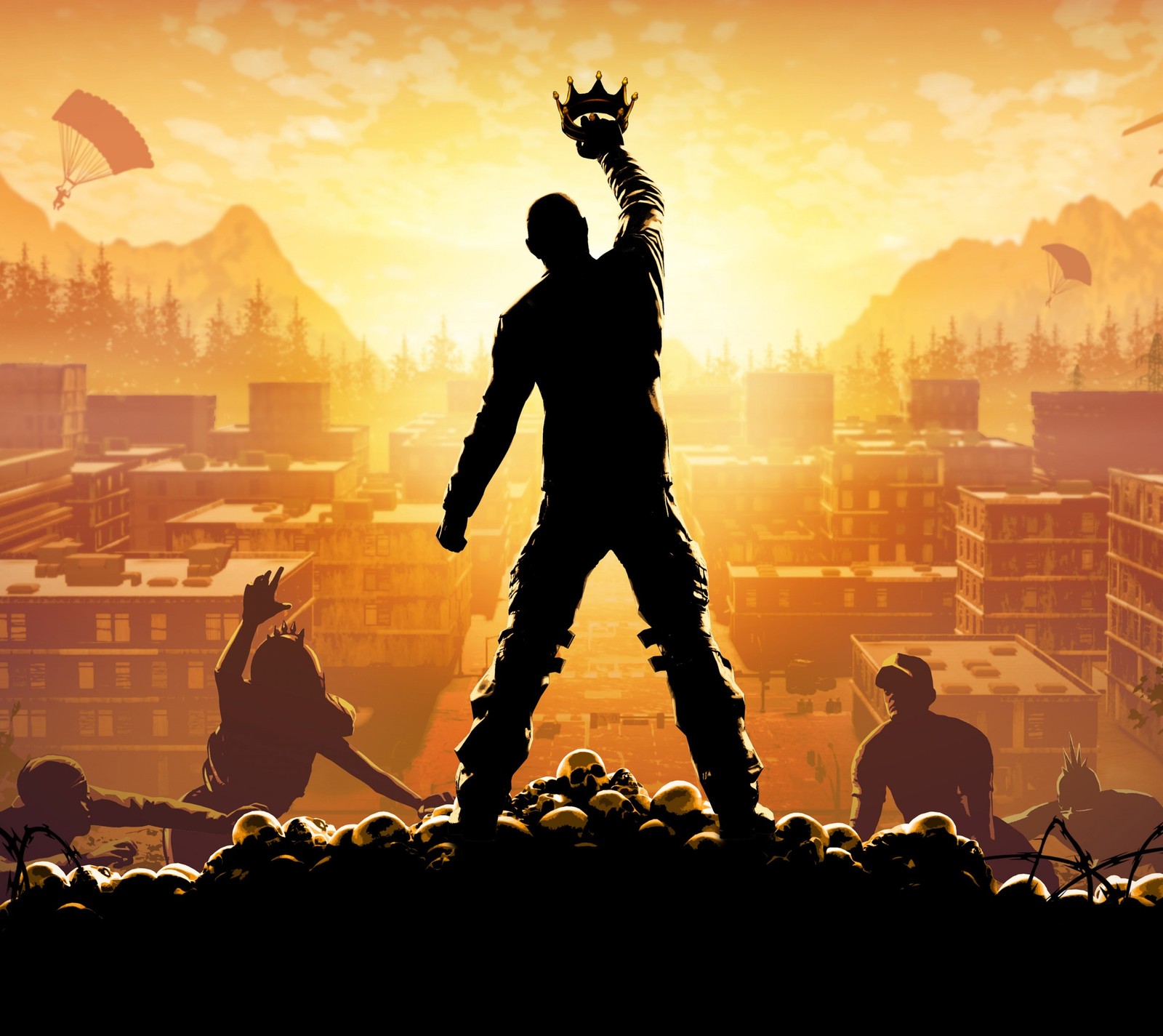 Arafed image of a man standing on top of a hill with a crown on his head (microsoft, playstation, skulls, sony, xbox)