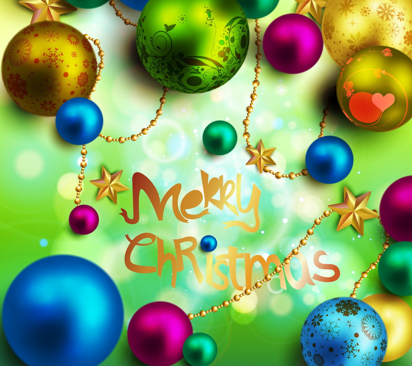 Merry christmas balls and stars on a green background (abstract, balls, christmas, decoration, green)