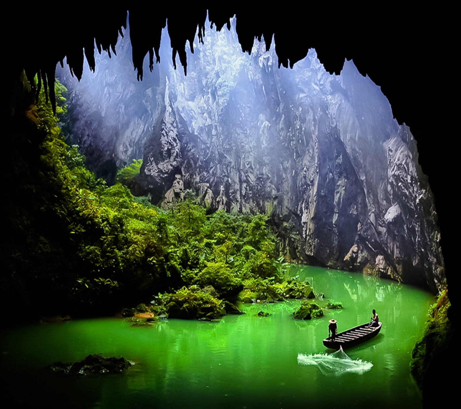 Há um barco flutuando na água perto de uma caverna (paisagem, paraíso)