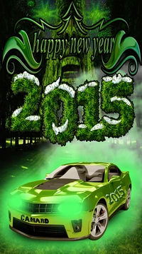 2015 Feliz Ano Novo com uma celebração em um Camaro verde