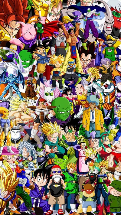 A vibrant collage of iconic characters from the Dragon Ball anime, featuring Goku, Vegeta, Piccolo, and others in dynamic poses.