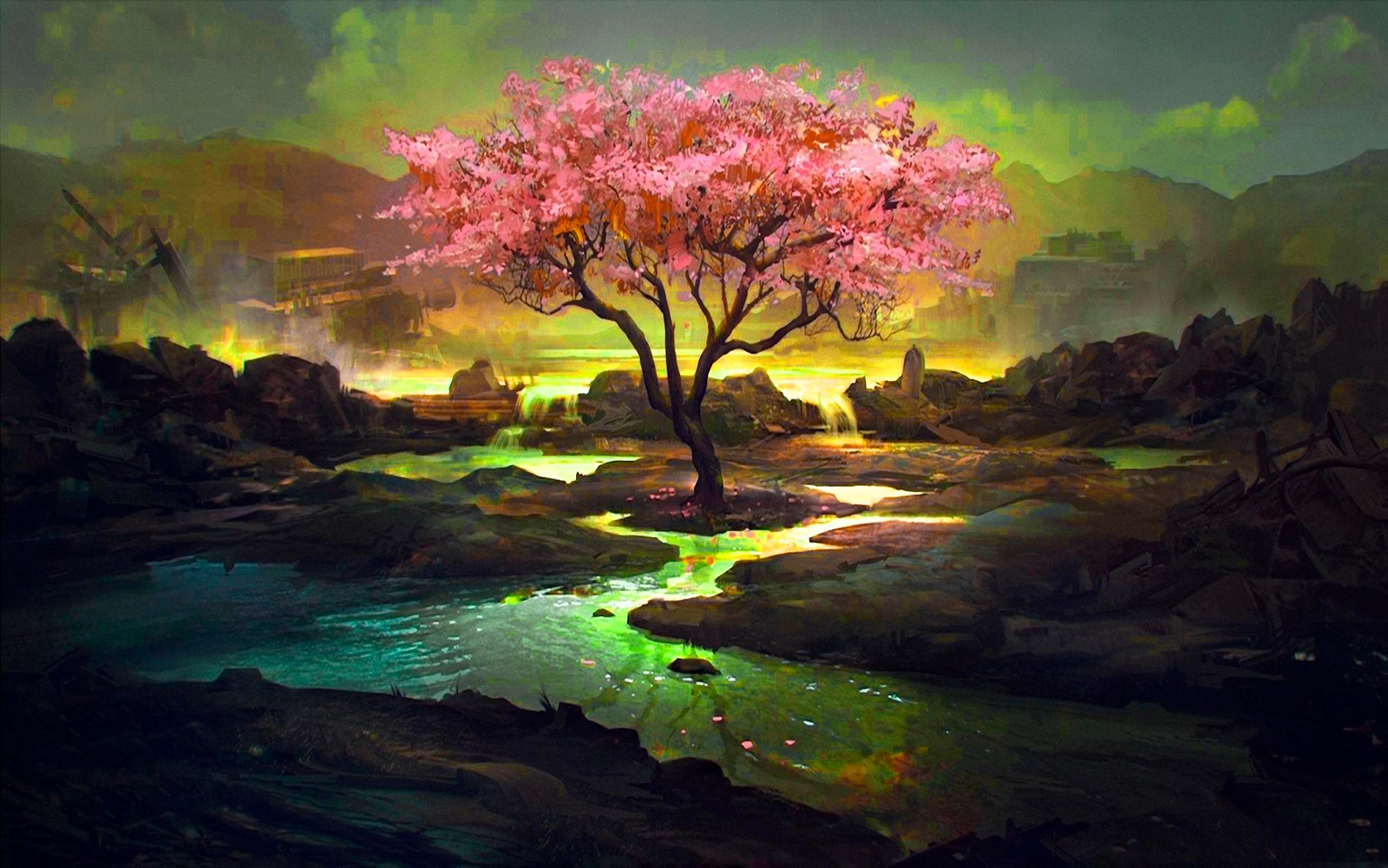 Pintura de un árbol en un paisaje montañoso con un arroyo (arte, flor de cerezo, pintura, naturaleza, árbol)