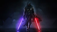 Guerrier Sith avec deux sabres laser dans un environnement esthétique sombre