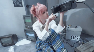 Lily from Nmixx poses thoughtfully with a vintage camcorder amidst retro television sets, embodying the nostalgic aesthetic of the "Sententia" concept photo from the Expergo album.