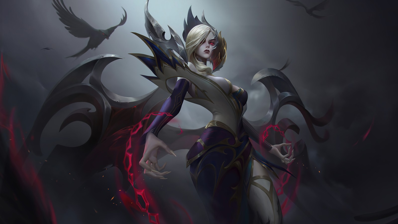 Eine frau mit einem schwert und einem vogel in der hand (morgana, lol, league of legends, videospiel, coven)