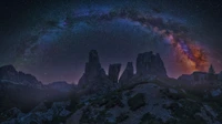 dolomites, mountains, milky way, night, starry sky wallpaper