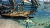 Personagens Na'vi em uma paisagem marinha serena de Avatar: O Caminho da Água