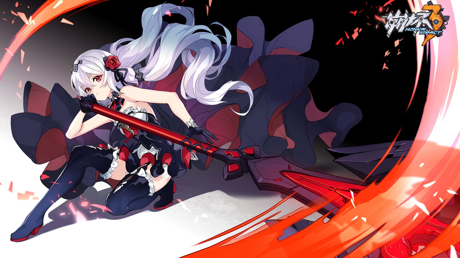 Une femme en tenue noir et rouge tenant une épée (filles danime, anime, cheveux blancs, honkai impact 3rd, jeu vidéo)