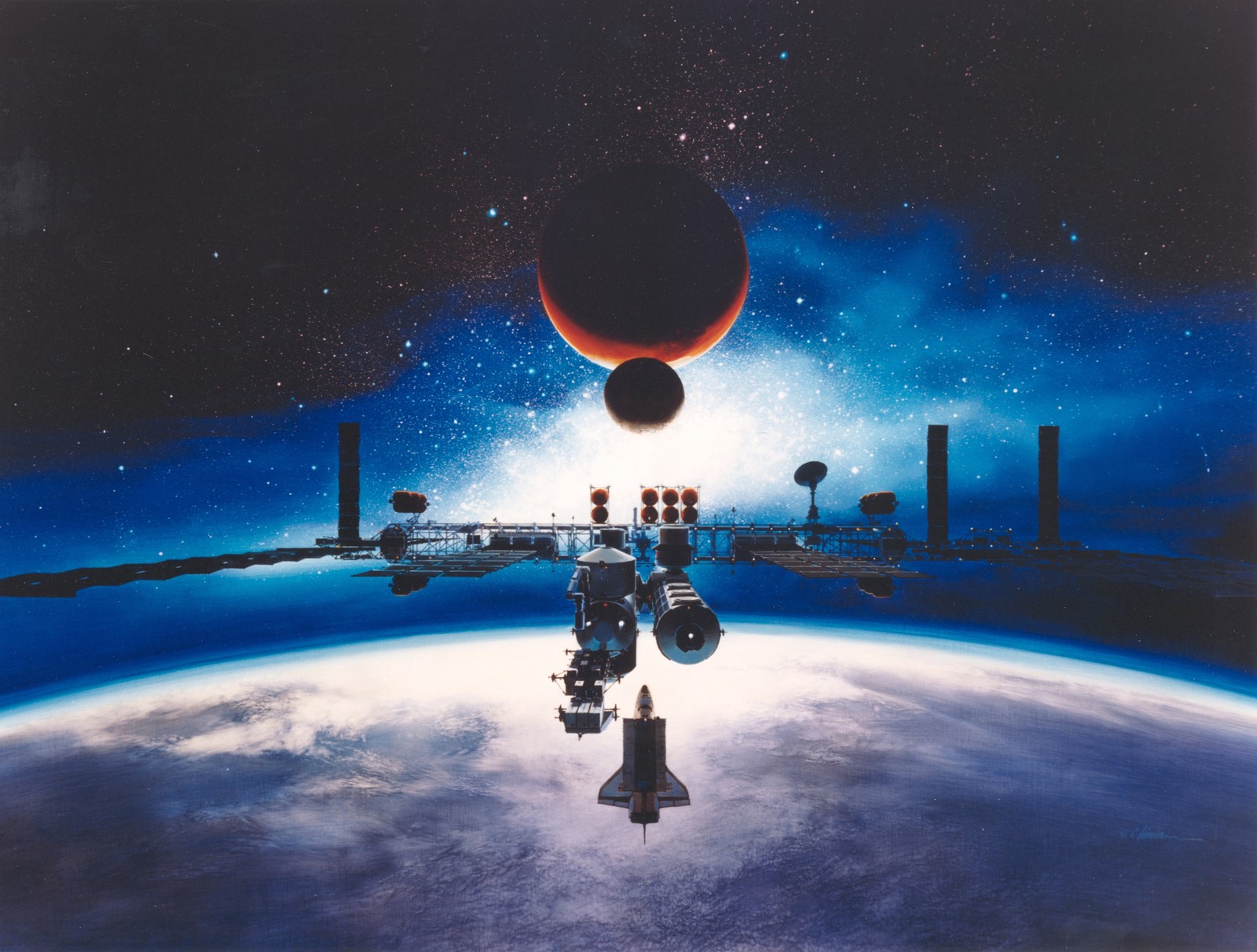 A painting of a space station with a satellite and a planet in the background (international space station, space station, outer space, space, atmosphere)