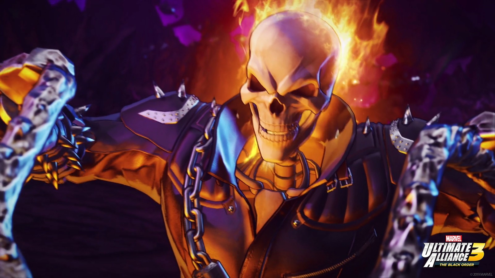 Ein skelett in einem schwarzen anzug mit flammen auf dem kopf (ghost rider, marvel ultimate alliance 3, marvel ultimate alliance 3 the black order, videospiel)