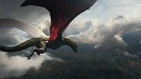 A majestic dragon soars through a dramatic sky, embodying the epic fantasy of "House of the Dragon.