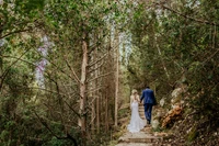 Casal caminhando de mãos dadas por uma trilha florestal exuberante após sua cerimônia de casamento