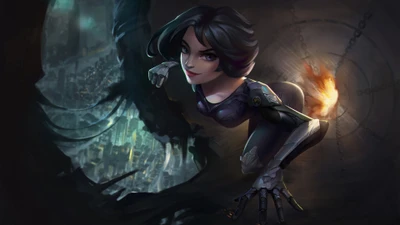 Alita: Battle Angel in Action Amidst a Futuristic Cityscape