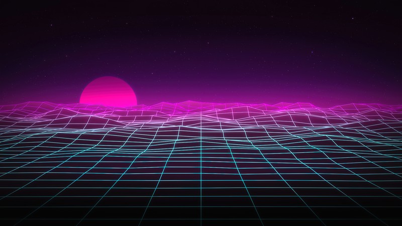 Um fundo retrô dos anos 80 com um pôr do sol rosa e uma grade (arte digital, synthwave, retrowave, grade, vaporwave)