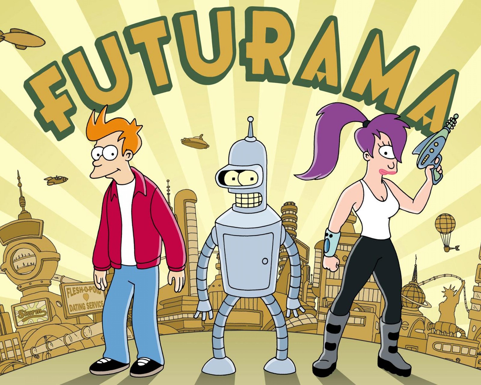 Una imagen de caricatura de un grupo de personas de pie frente a una ciudad (futurama, serie animada, caricatura, caricatura animada, ilustración)