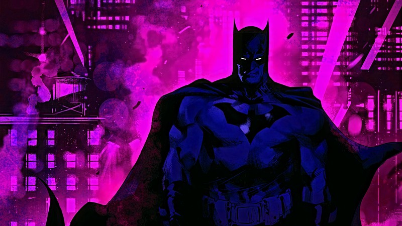 Бэтмен стоит перед горизонтом города с фиолетовым светом (batman, dc comics, супергерой, комиксы, супергерои)