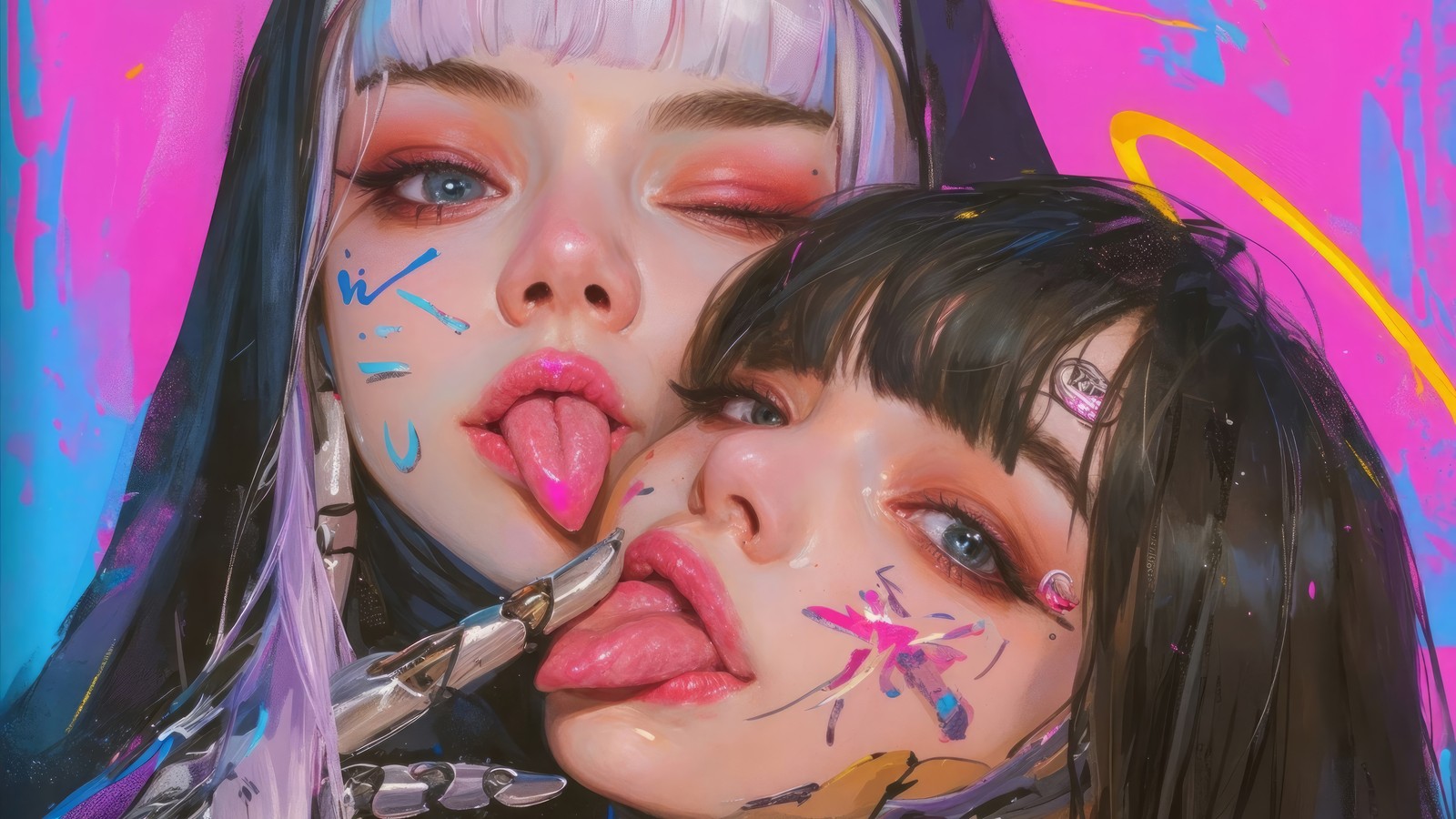 Deux filles avec du maquillage et des piercings sur le visage (filles danime, soeur, langue tirée)