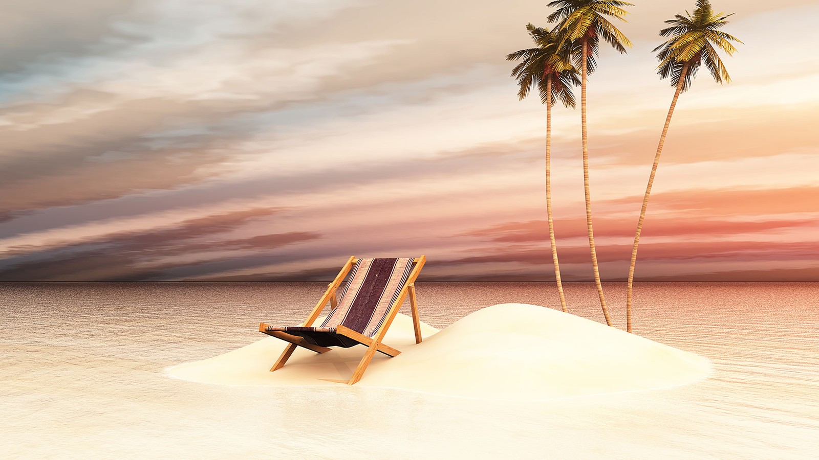 Arafed beach chair on a small island with palm trees (vacation, sea, sand, calm, vector graphics)